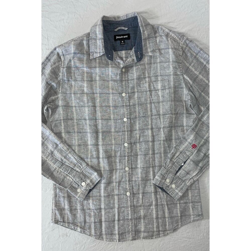BetaBrand Long Sleeve Button Down Hemp Blend Sport Shirt. Gray Check, Men's M.